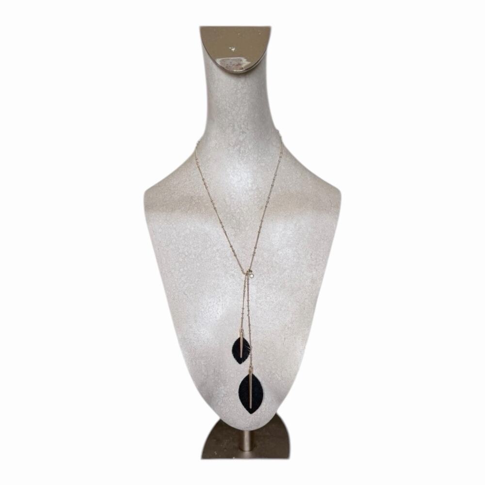 Boho Black Leaf Pendant Long Necklace Gold Tone Adjustable Lariat Style